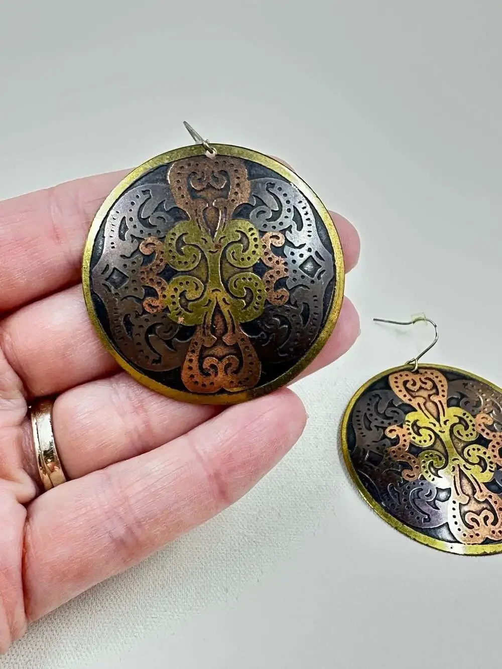 Vintage Boho Oriental Style Copper and Brass Tone Round Mandala Dangle Earrings
